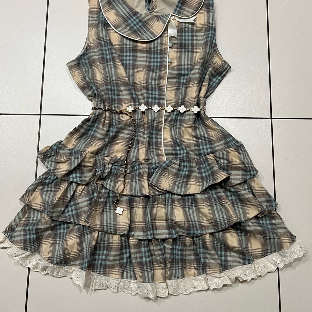 Plaid Sleeveless Kids Dress with Floral Belt #3